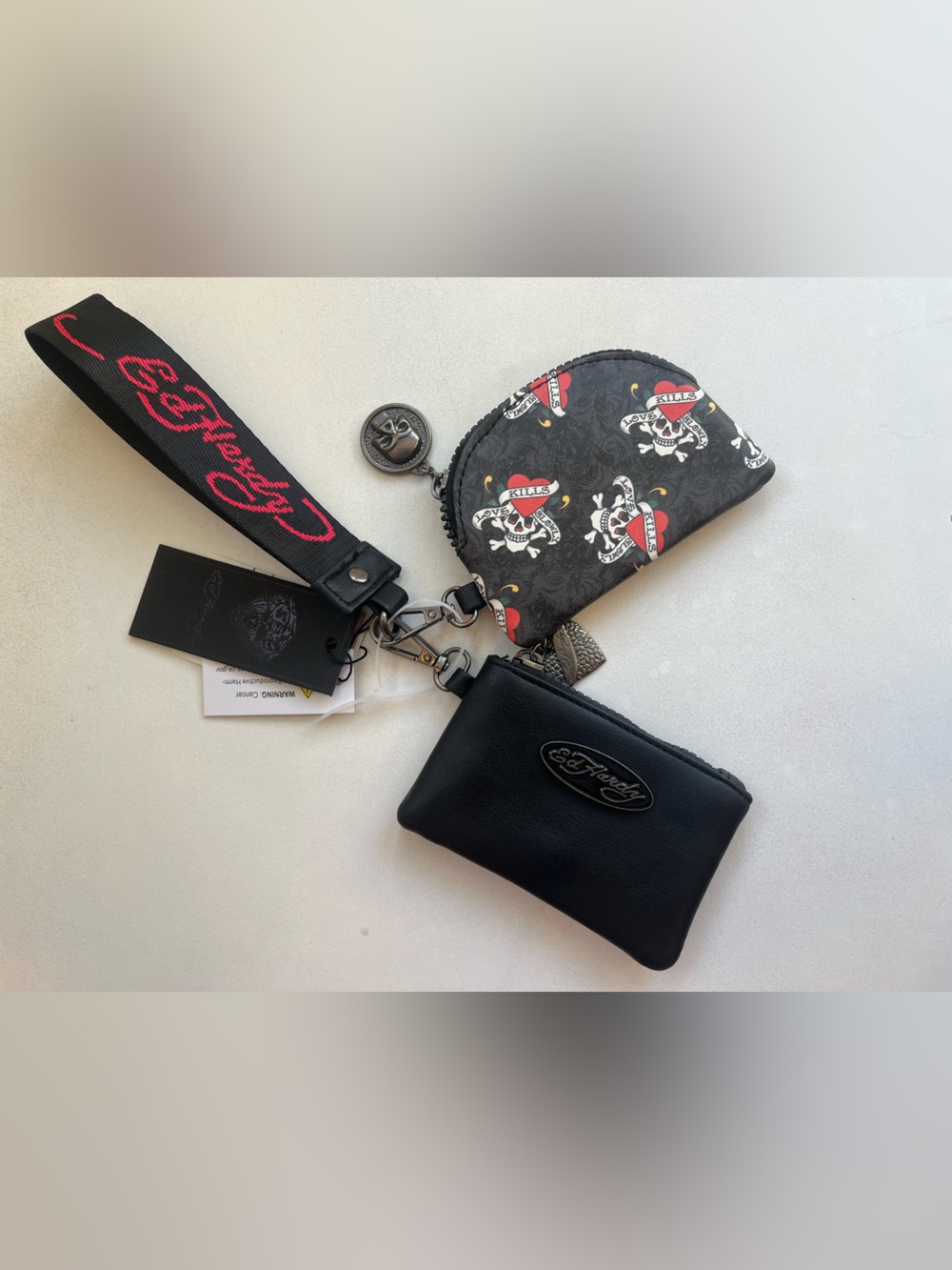 Ed Hardy Black & Skull Coin/Card Pouch Wristlet Keychain Pouch Set